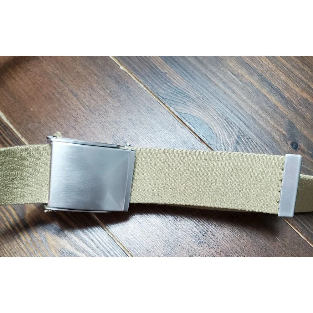 Ratchet Belt Mens 40-42 Beige Canvas Silvertone Buckle Reversible to Blue Stripe